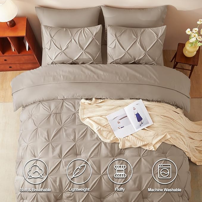 CozyLux Queen Comforter Set Khaki, 7 Pieces Pintuck Bed in A Bag, Premium Khaki Comforter Queen Size, Pinch Pleat Bedding Sets with Comforter, Sheets, Pillowcases & Shams