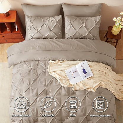 CozyLux Queen Comforter Set Khaki, 7 Pieces Pintuck Bed in A Bag, Premium Khaki Comforter Queen Size, Pinch Pleat Bedding Sets with Comforter, Sheets, Pillowcases & Shams