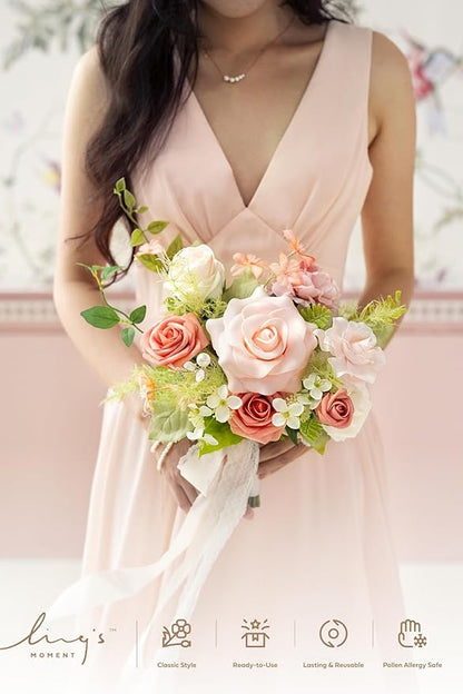 Ling's moment Artificial Flowers Pink Bridesmaid Bouquet, Blush Garden Wedding Flowers Bouquets for Bridesmaids, 7 Inch Bridal Bouquets for Bridesmaids, Wedding, etc