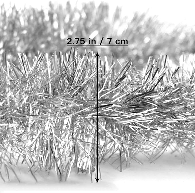 Jishi 50 FT Christmas Garland Silver Tinsel Garland Christmas Tree Decorations - Non-Lit Xmas Holiday Decor Outdoor Indoor Home Garden Outside Wedding Party Artificial Thick Silver Decorative Garland