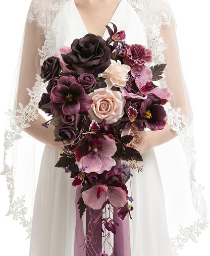 Ling's moment Purple Bridal Bouquet Cascading, Plum Wedding Bouquets for Bride, 13 Inch Bride Bouquets for Wedding Artificial Flowers Bouquets