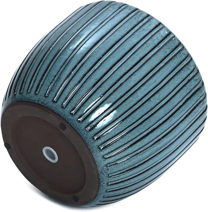 LuxenHome 11" Dia Ceramic Planters, Indoor Outdoor Large Plant Pots with Drainage Holes and Rubber Plug, Modern Glazed Decorative Flower Pots, Sea Green Ribbed Round Planters for Home Garden Patio