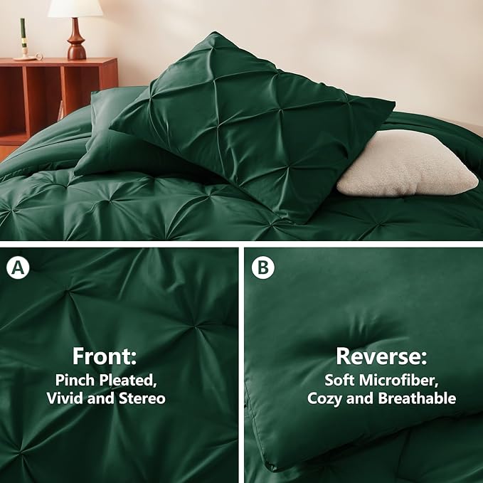 CozyLux Full Size Comforter Sets Emerald Green, 7 Pieces Bed in A Bag Green Comforter Full Size, Pinch Pleat Bedding Sets with All Season Comforter, Sheets, Pillowcases & Shams