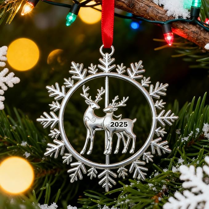 Christmas Ornaments 2025 for Tree Decoration Metal Snowflake Ornament 2025 Dated Xmas Wreath with Rotatable Reindeer Shiny Silver Holiday Decorative Keepsake Gifts for Family Friends