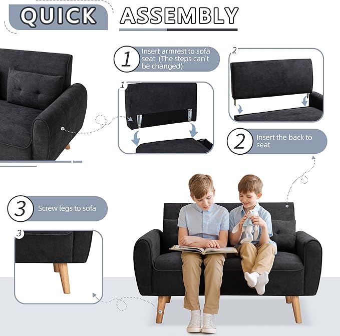 Shintenchi Small Loveseat Sofa Mid Century Fabric Upholstered 2 Seat with Pillows for Small Living Room Studio Apartment, Black