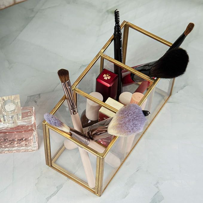 NIUBEE Acrylic Pen Holder 3 Compartments, Gold Pencil Organizer Cup for Countertop Desk Accessory Storage