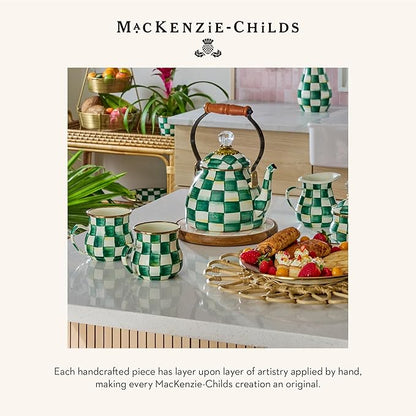 MACKENZIE-CHILDS Enamel Round Tray, Unique Serving Platter for Food and Drinks, Green-and-White Emerald Check