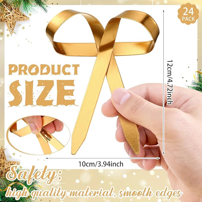 24 Pcs 2025 Metal Christmas Bow Ornaments for Christmas Tree Garland Wreath Bulk Bow with Clip Ornament Vintage Indoor Outdoor Home Xmas Party Decorations, 4 x 5 Inches (Gold)