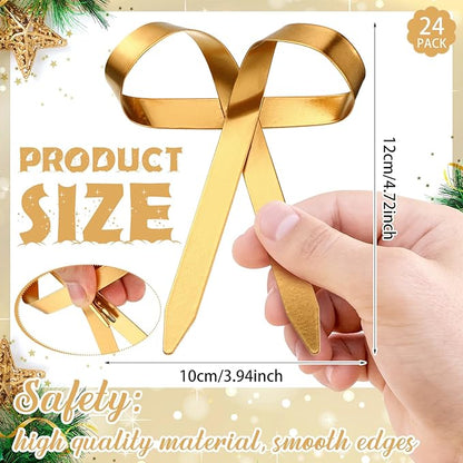 24 Pcs 2025 Metal Christmas Bow Ornaments for Christmas Tree Garland Wreath Bulk Bow with Clip Ornament Vintage Indoor Outdoor Home Xmas Party Decorations, 4 x 5 Inches (Gold)
