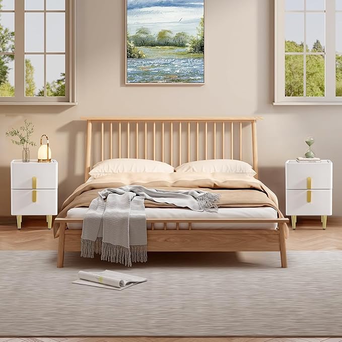 homary Modern Narrow Night Stand, Off White Nightstand with 2 Drawer, Beige Bedside Table in Gold Legs for Bedroom