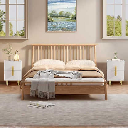 homary Modern Narrow Night Stand, Off White Nightstand with 2 Drawer, Beige Bedside Table in Gold Legs for Bedroom