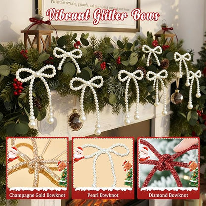 Christmas Bows Ornaments, Champagne Gold Glitter Rhinestone Bow Ornaments with Twist Ties, Sparkly Christmas Tree Bow Topper Decorations for Wreaths, Garland, Gift Wrapping (Red)