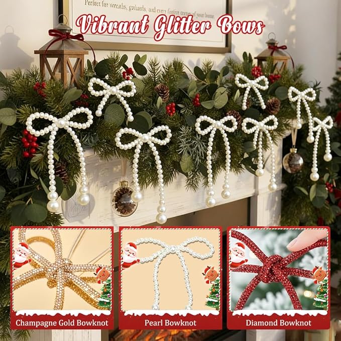 Christmas Bows Ornaments, Champagne Gold Glitter Rhinestone Bow Ornaments with Twist Ties, Sparkly Christmas Tree Bow Topper Decorations for Wreaths, Garland, Gift Wrapping (Green)