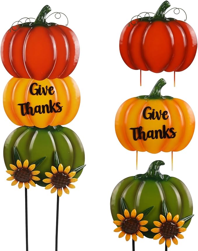 Pumpkin Yard Stakes Large 38.5" with Give Thanks Sign and Decorative Sunflowers, Fall Decorations for Home Outdoor Thanksgiving Decor and Fall Porch Decor