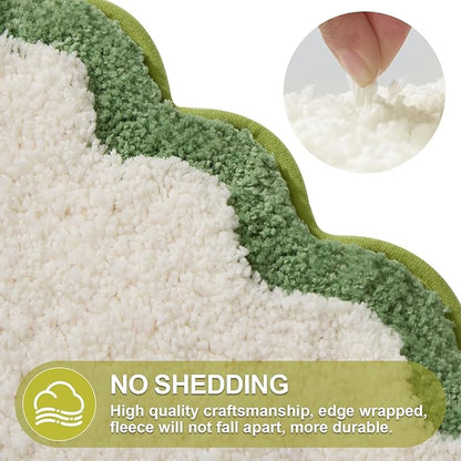 ORTIGIA Long Cute Scalloped Bathroom Rugs Runner, Fun White and Green Plush Microfiber Scallop Bath Mats Non Slip Washable Quick Dry Absorbent, Rug for Bathtub Sink Laundry Room Bedroom, 17x47