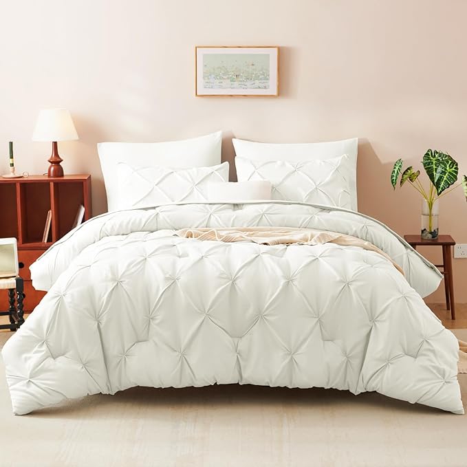 CozyLux King Size Comforter Set Ivory, 7 Pieces Pintuck Bed in A Bag Ivory Comforter King Size, Pinch Pleat Bedding Set with All Season Comforter, Sheets, Pillowcases & Shams