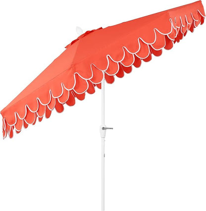 JONATHAN Y UMB1002F Tracy 9 ft. Classic MidCentury Scalloped Fringe Market Patio Umbrella with Auto-Tilt Crank, Wind Vent and UV Protection in Coral Red/White, White Pole