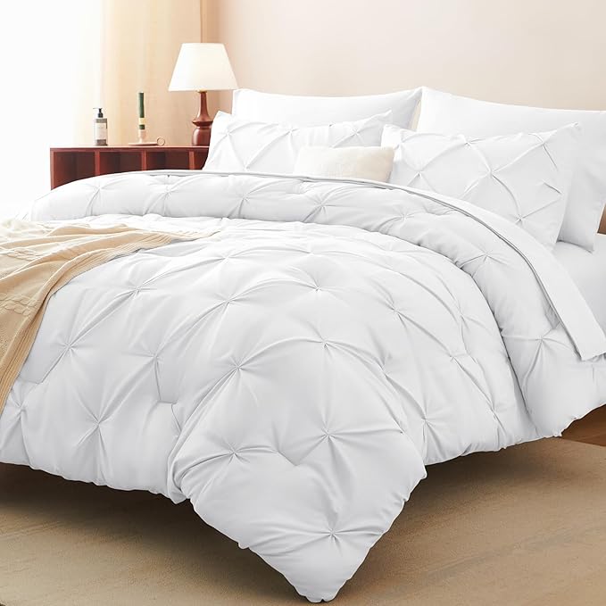 CozyLux Queen Comforter Set White, 7 Pieces Pintuck Bed in A Bag, Premium White Comforter Queen Size, Pinch Pleat Bedding Sets with Comforter, Sheets, Pillowcases & Shams