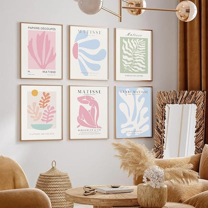 Henri Matisse Wall Art Prints Pink Blue Canvas Wall Decor Aesthetic Abstract Pictures Wall Art Danish Pastel Painting Henri Matisse Poster Trendy Plant Artwork for Bedroom 12x16 Inch Unframed Set of 6