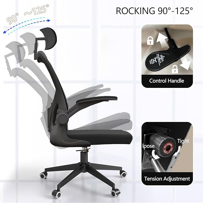 Ergonomic Office Chair, High-Back Mesh Desk Chair with Adjustable Height, Lumbar Support, Flip-Up Armrests,headrest，and Swivel Rolling Design for Home and Office Use