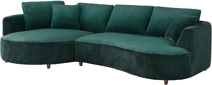 WILLIAMSPACE 122" Modern Curved Sofa, Upholstery Oversized Cloud Sofa With Chaise & Pillows, Left Hand Facing Sectional for Living Room (Left-Facing, Green Corduroy)