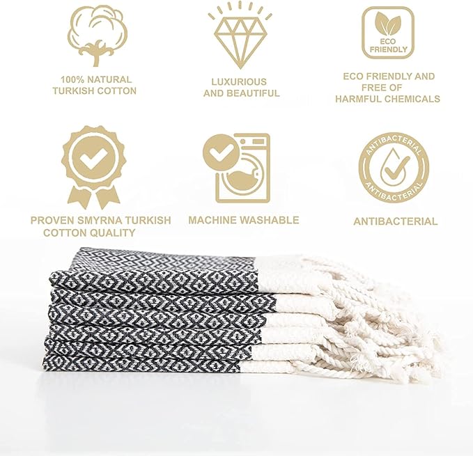 SMYRNA TURKISH COTTON Vintage Series Kitchen Dish Towels Pack of 6, Machine Washable Wash Cloths, Ultra Soft, Absorbent, Prewashed and Quick Dry Turkish Dish Towels, 12x12 Inch (Dark Gray)