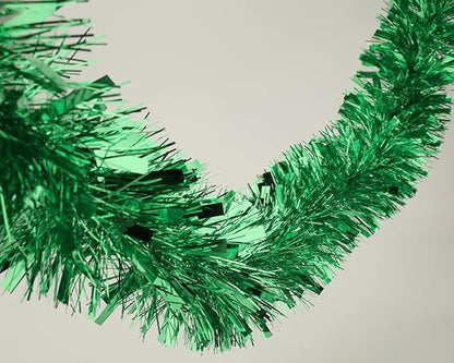 25 ft Long Roll Green Tinsel Twist Garland, Shiny Metallic Foil Decorations for Parade Floats, Halloween, Christmas Eve, New Year Parties (4" x 25' roll, Green)