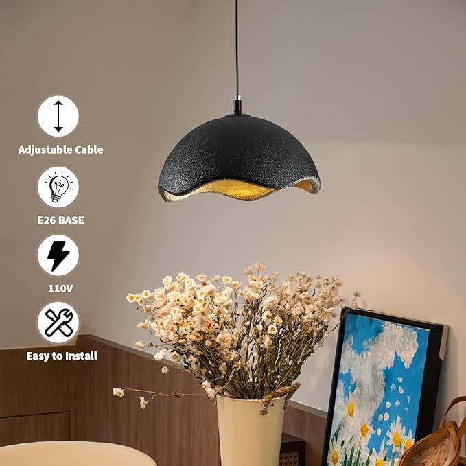 JAYMP 40cm Modern Pendant Light for Dining Room Kitchen Island Hanging Lamp E26 Base Japanese Wabi-Sabi Style Bird Nest Shape Lighting Fixture,1 Pack(Black and Gold,D Shape, 40cm/15.7inch)