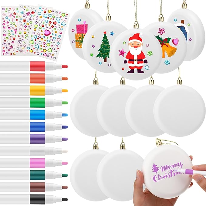 Syhood 12 Pcs 4'' DIY Christmas Blank White Ball Ornaments Set Plastic Matte Flat Discs Ornaments DIY Xmas Tree Decoration with Acrylic Paint Markers Gems Stickers for Crafts Party Decor