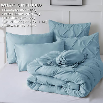 CozyLux Full Size Comforter Sets Light Blue, 7 Pieces Pintuck Bed in A Bag Blue Comforter Full Size, Pinch Pleat Bedding Sets with All Season Comforter, Sheets, Pillowcases & Shams