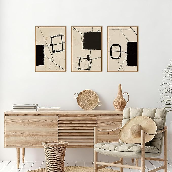 HOURIA Abstract Geometric Framed Canvas Wall Art Set,Black and Beige Brushstroke Wall Decor,Neutral Modern Wall Painting,Textured Line Drawing Art Prints for Living Room, Bedroom, Farmhouse-24 x36 x3