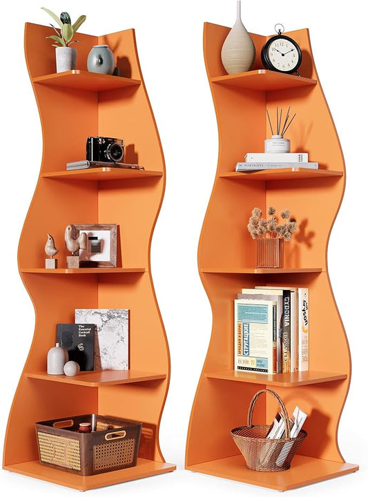 LITTLE TREE Small Corner Shelf, Modern 5-Tier Wall Corner Bookshelf, Stylish Bookcase Storage Rack for Small Space, Living Room, Bedroom, Orange, 2 Pack