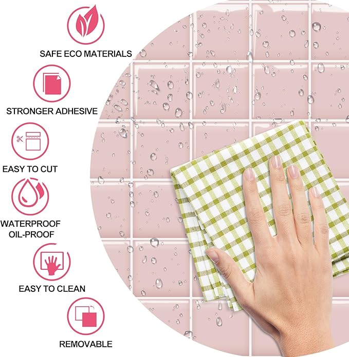 Alwayspon 10 Sheets 10"x10" Pink 3D Vinyl Backsplash Tiles, Self-Adhesive Peel and Stick Wall Tile Stickers Stick on Subway Tiles for Kitchen Bathroom Wall
