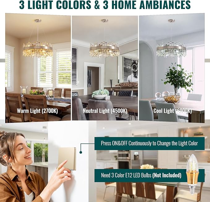 Siljoy 12-Light Modern Crystal Chandelier Round Brushed Nickel 2-Tier K9 Crystal Raindrop Chandelier Luxury Adjustable Hanging Ceiling Light Fixture for Living Dining Room Kitchen Island D23.6''