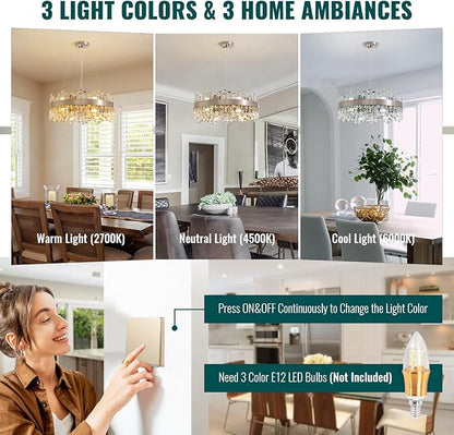 Siljoy 12-Light Modern Crystal Chandelier Round Brushed Nickel 2-Tier K9 Crystal Raindrop Chandelier Luxury Adjustable Hanging Ceiling Light Fixture for Living Dining Room Kitchen Island D23.6''