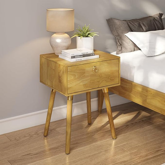 Bme Alden Wood Nightstand, Solid Wood End Table, Mid Century Modern Nightstand, Side Table with 1 Drawer, Compact for Bedroom, Living Room & Study Room, Easy Assembly, Light Natural