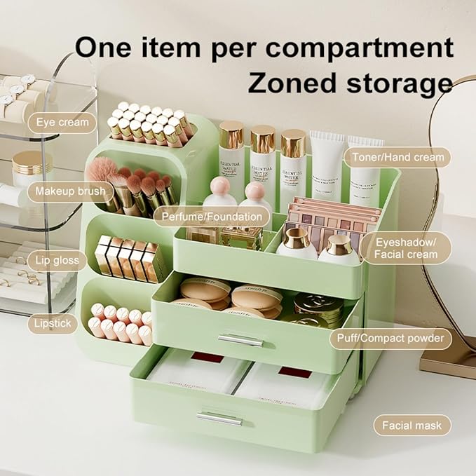 Makeup Organizer with Drawers for Vanity,Spacious Cosmetic Display Case,Perfect Storage Solution for Your Beauty Essential (All Green)