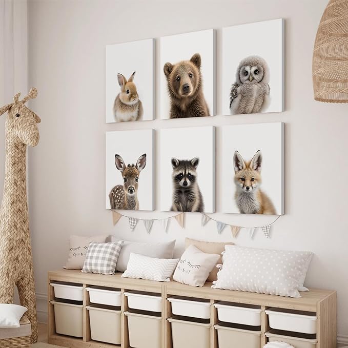 Nursery Animal Wall Art Pictures Baby Safari Canvas Wall Decor Jungle Woodland Wall Art Cute Animal Prints Paintings Nursery Kids Posters for Boys Girls Room Bedroom 12x16 Inch Wrapped Canvas Set of 6