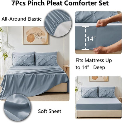 CozyLux Queen Comforter Set Grayish Blue, 7 Pieces Pintuck Bed in A Bag, Premium Blue Comforter Queen Size, Pinch Pleat Bedding Sets with Comforter, Sheets, Pillowcases & Shams