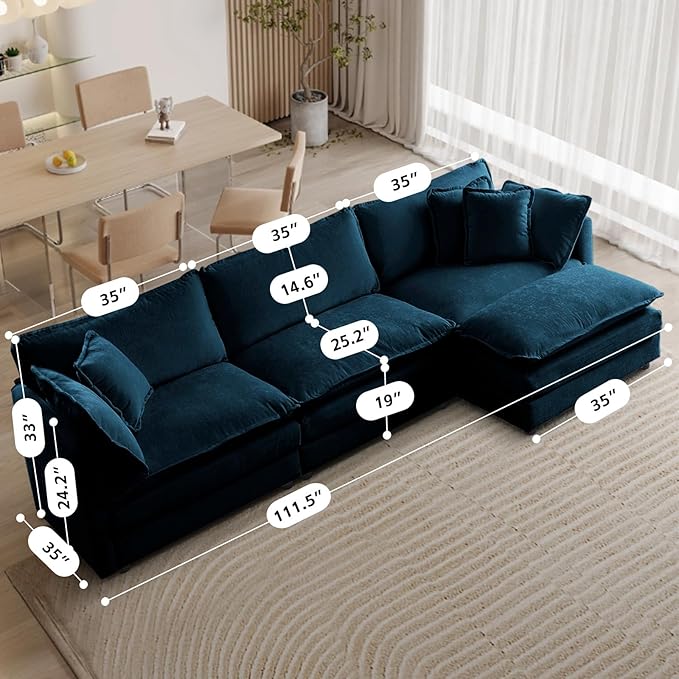 SoarFlash Chenille Sectional Sofa, Comfy L Shaped Modular Coush Sofa with Ottoman, Modern 3 Seat Couch Deep Seat Sofa Set for Living Room,Deep Blue