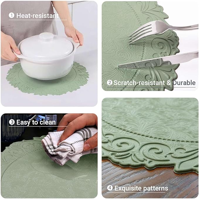 Noctiflorous Round Faux Leather 15 Inch Placemats Set of 4 Waterproof Wipeable Heat Resistant Tablemat for Dining Table Kitchen Non Slip Oilproof Table Place Mat for Indoor Outdoor(A Green, 4)