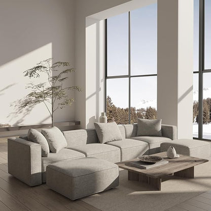 Acanva Luxury Modular Sectional Couch with Moveable Ottoman and Chaise, Modern Minimalist Style Sofa for Living Room, Apartments, U-Shape, Chenille Grey