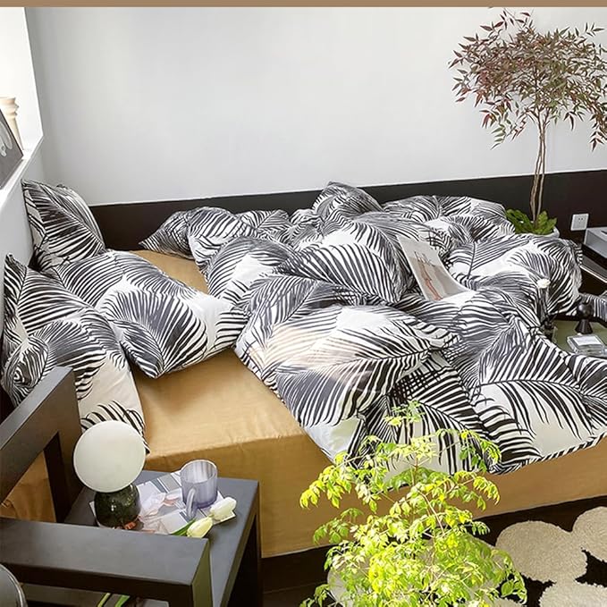 Pureant Boho Black Botanical Comforter King Set - Black and White Feather Quilts for Women, Girls - Tropical Bohemian Rustic Palm Leaves Plant Bedding