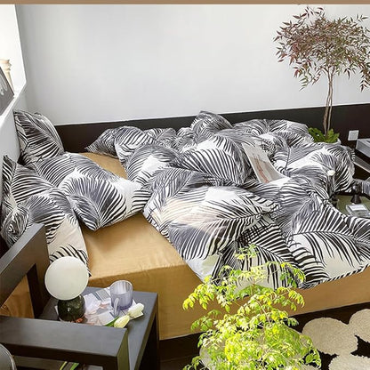 Pureant Boho Black Botanical Comforter King Set - Black and White Feather Quilts for Women, Girls - Tropical Bohemian Rustic Palm Leaves Plant Bedding