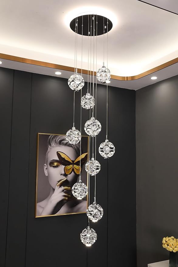 10-Light High Ceilings Long Chandeliers Modern Crystal Staircase Chandelier Hanging Lighting Fixtures for Spiral Staircase,Foyer,Entryway