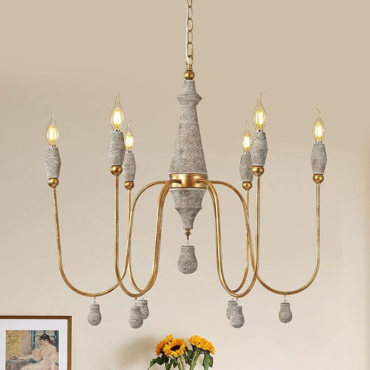28.5" French Country Chandelier, 6-Light Farmhouse Dining Room Light Fixtures Over Table, Vintage Antique Wood Chandelier for Bedroom Kitchen Island Entryway Living Room Office