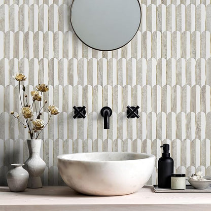 Vamos Peel and Stick Backsplash Seamless Tile for Kitchen and Bathroom,White and Beige Slate PVC Mixed Light Gold Self Adhesive Fish Scale Metal Mosaic Tiles (10 Sheets)