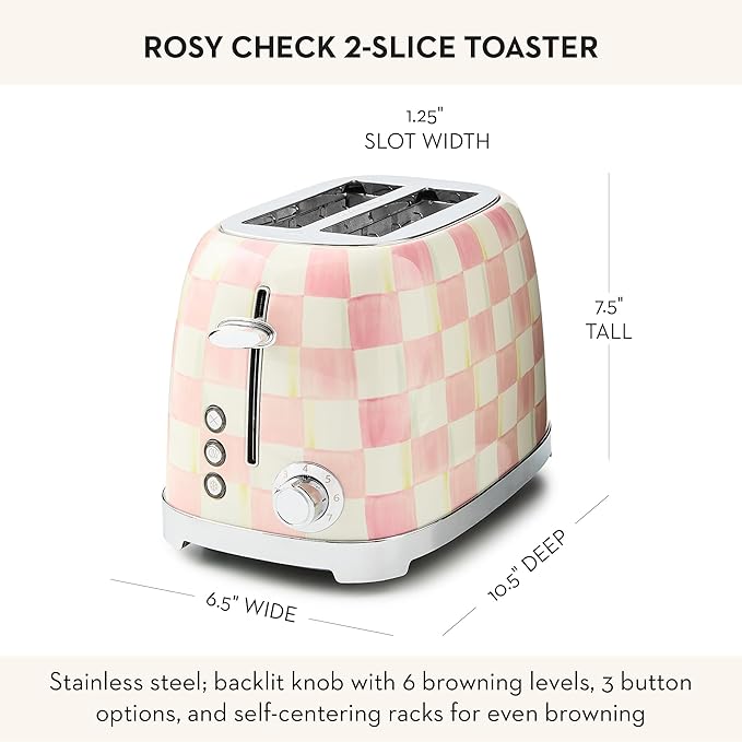 MACKENZIE-CHILDS 2-Slice Toaster, Decorative Toaster for Kitchen, Pink-and-White Rosy Check