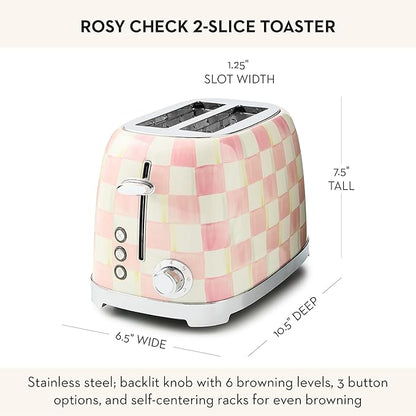 MACKENZIE-CHILDS 2-Slice Toaster, Decorative Toaster for Kitchen, Pink-and-White Rosy Check