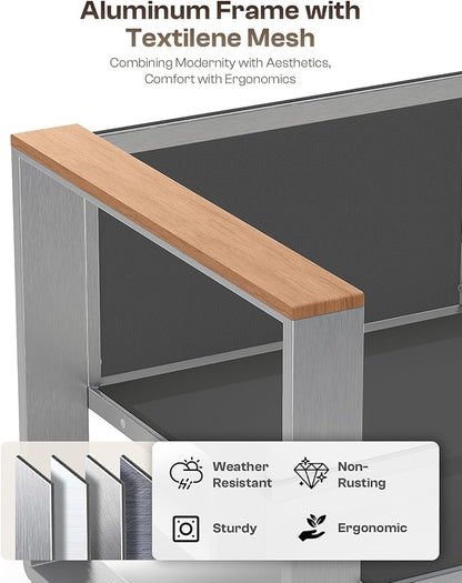 Aluminum Outdoor Patio Furniture,2 Pieces Outdoor Chair, All-Weather Outside Single Chair for Deck, Porch (Teak-Charcoal)